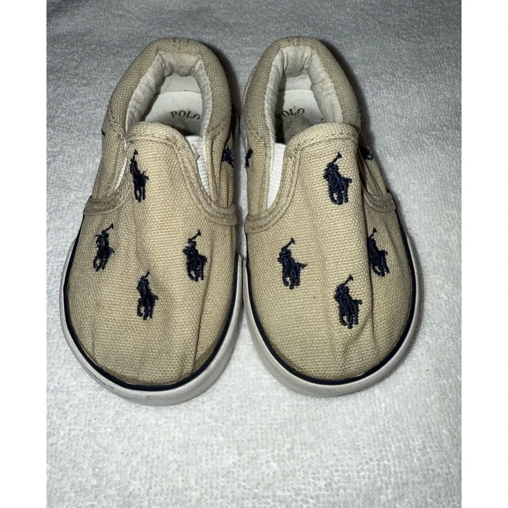Polo‎ Ralph Lauren Little Boys Shoes Size 5 Slip On, Tan With Blue Horses